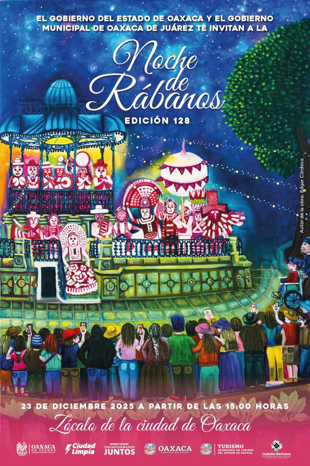 El certamen incluye Flor Inmortal y Totomoxtle; participantes podrán registrarse hasta el 15 de diciembre.
El Municipio de Oaxaca, en coordinación con el Gobierno del Estado, anunció la convocatoria 2025 del Concurso de Figuras de Rábanos, Flor Inmortal y Totomoxtle, una de las tradiciones centrales de la Noche de Rábanos en su edición 128.