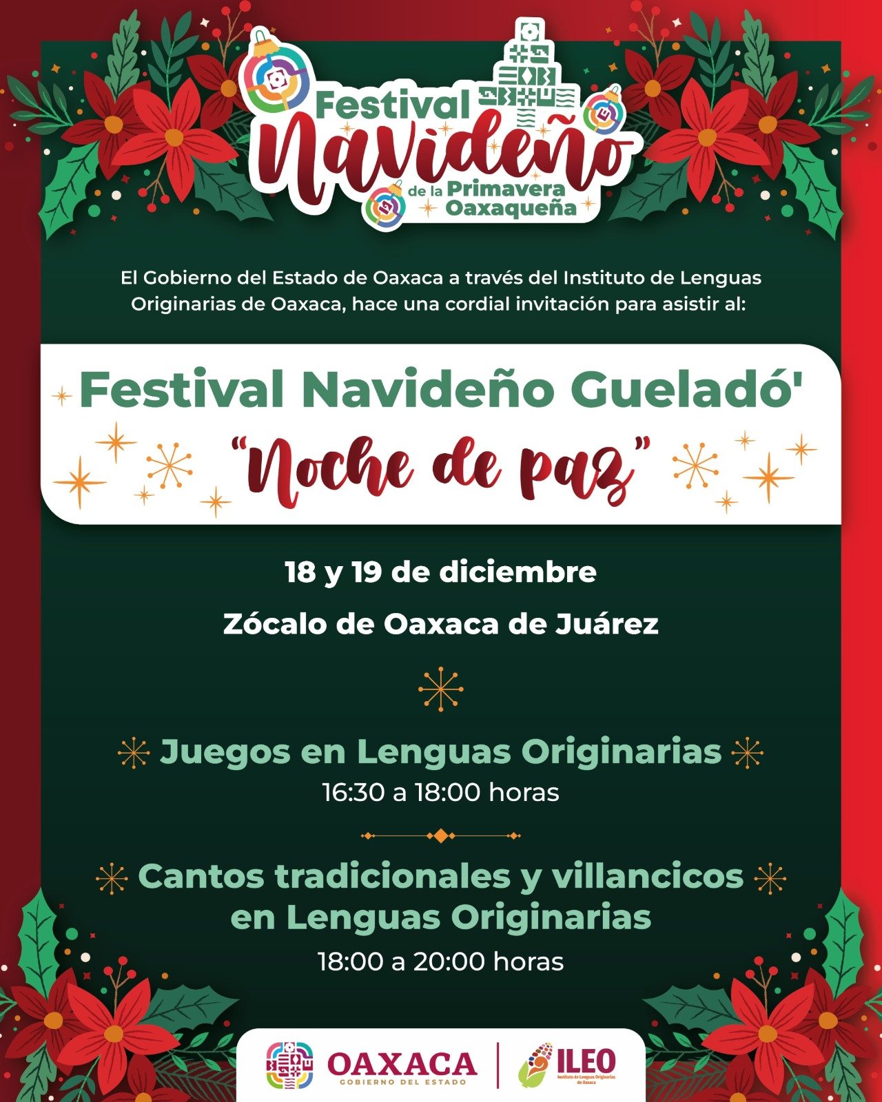 𝙅𝙪𝙚𝙜𝙤𝙨, 𝙘𝙖𝙣𝙩𝙤𝙨 𝙮 𝙫𝙞𝙡𝙡𝙖𝙣𝙘𝙞𝙘𝙤𝙨 𝙙𝙖𝙧á𝙣 𝙛𝙤𝙧𝙢𝙖 𝙖𝙡 𝙁𝙚𝙨𝙩𝙞𝙫𝙖𝙡 𝙉𝙖𝙫𝙞𝙙𝙚ñ𝙤 𝙂𝙪𝙚𝙡𝙖𝙙ó’ “𝙉𝙤𝙘𝙝𝙚 𝙙𝙚 𝙋𝙖𝙯”, 𝙚𝙨𝙩𝙚 18 𝙮 19 𝙙𝙚 𝙙𝙞𝙘𝙞𝙚𝙢𝙗𝙧𝙚 𝙚𝙣 𝙚𝙡 𝙘𝙤𝙧𝙖𝙯ó𝙣 𝙙𝙚 𝙊𝙖𝙭𝙖𝙘𝙖.