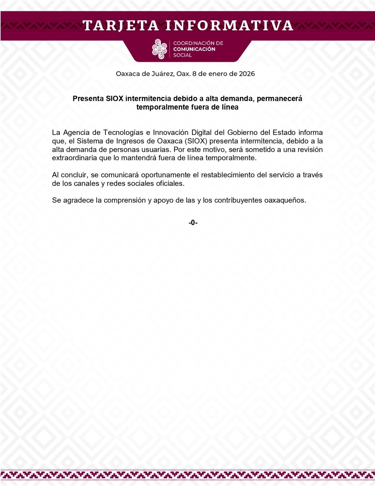 𝙀𝙡 𝙨𝙚𝙧𝙫𝙞𝙘𝙞𝙤 𝙥𝙚𝙧𝙢𝙖𝙣𝙚𝙘𝙚𝙧á 𝙛𝙪𝙚𝙧𝙖 𝙙𝙚 𝙡í𝙣𝙚𝙖 𝙝𝙖𝙨𝙩𝙖 𝙣𝙪𝙚𝙫𝙤 𝙖𝙫𝙞𝙨𝙤.