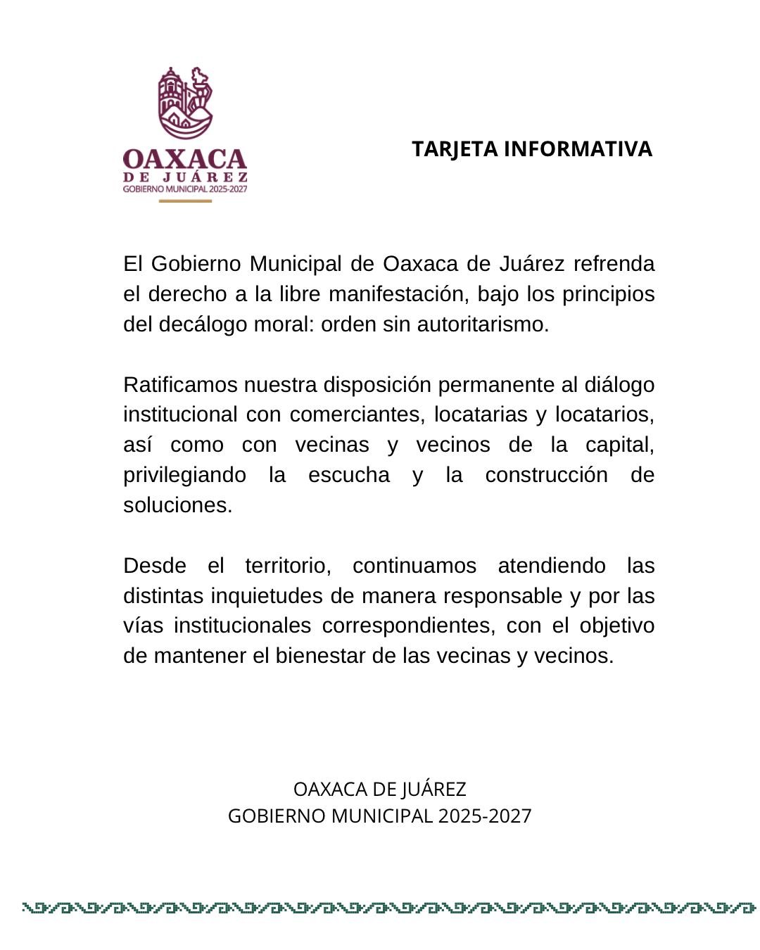 𝗔𝘆𝘂𝗻𝘁𝗮𝗺𝗶𝗲𝗻𝘁𝗼 𝗱𝗲 𝗢𝗮𝘅𝗮𝗰𝗮 𝗿𝗮𝘁𝗶𝗳𝗶𝗰𝗮 𝗮𝗽𝗲𝗿𝘁𝘂𝗿𝗮 𝗮𝗹 𝗱𝗶𝗮́𝗹𝗼𝗴𝗼 𝘆 𝗱𝗲𝗳𝗶𝗲𝗻𝗱𝗲 𝗹𝗮 𝗹𝗶𝗯𝗿𝗲 𝗺𝗮𝗻𝗶𝗳𝗲𝘀𝘁𝗮𝗰𝗶𝗼́𝗻