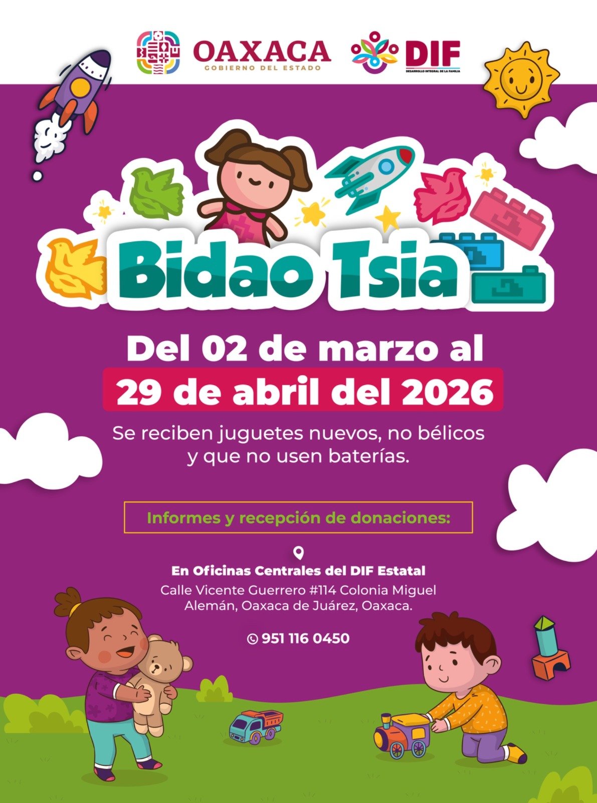  𝗕𝗶𝗱𝗮𝗼 𝗧𝘀𝗶𝗮 𝟮𝟬𝟮𝟲: 𝗲𝗹 𝗗𝗜𝗙 𝗢𝗮𝘅𝗮𝗰𝗮 𝗮𝗯𝗿𝗲 𝗰𝗼𝗹𝗲𝗰𝘁𝗮 𝗱𝗲 𝗷𝘂𝗴𝘂𝗲𝘁𝗲𝘀 𝗽𝗮𝗿𝗮 𝗻𝗶ñ𝗮𝘀 𝘆 𝗻𝗶ñ𝗼𝘀 𝗱𝗲𝗹 𝗲𝘀𝘁𝗮𝗱𝗼.