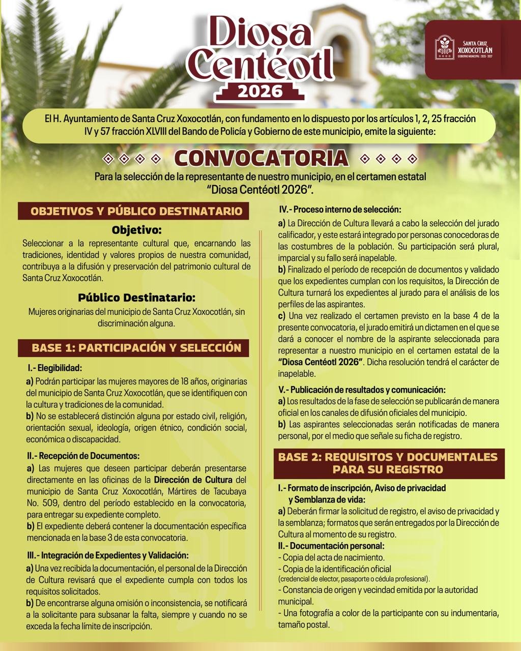 𝗫𝗼𝘅𝗼𝗰𝗼𝘁𝗹𝗮́𝗻 𝗮𝗯𝗿𝗲 𝗹𝗮 𝗰𝗼𝗻𝘃𝗼𝗰𝗮𝘁𝗼𝗿𝗶𝗮 𝗽𝗮𝗿𝗮 𝗹𝗮 “𝗗𝗶𝗼𝘀𝗮 𝗖𝗲𝗻𝘁𝗲́𝗼𝘁𝗹 𝟮𝟬𝟮𝟲”