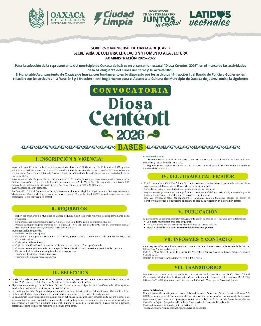 𝗢𝗮𝘅𝗮𝗰𝗮 𝗱𝗲 𝗝𝘂𝗮́𝗿𝗲𝘇 𝗮𝗯𝗿𝗲 𝗰𝗼𝗻𝘃𝗼𝗰𝗮𝘁𝗼𝗿𝗶𝗮 𝗽𝗮𝗿𝗮 𝗹𝗮 “𝗗𝗶𝗼𝘀𝗮 𝗖𝗲𝗻𝘁𝗲́𝗼𝘁𝗹 𝟮𝟬𝟮𝟲”