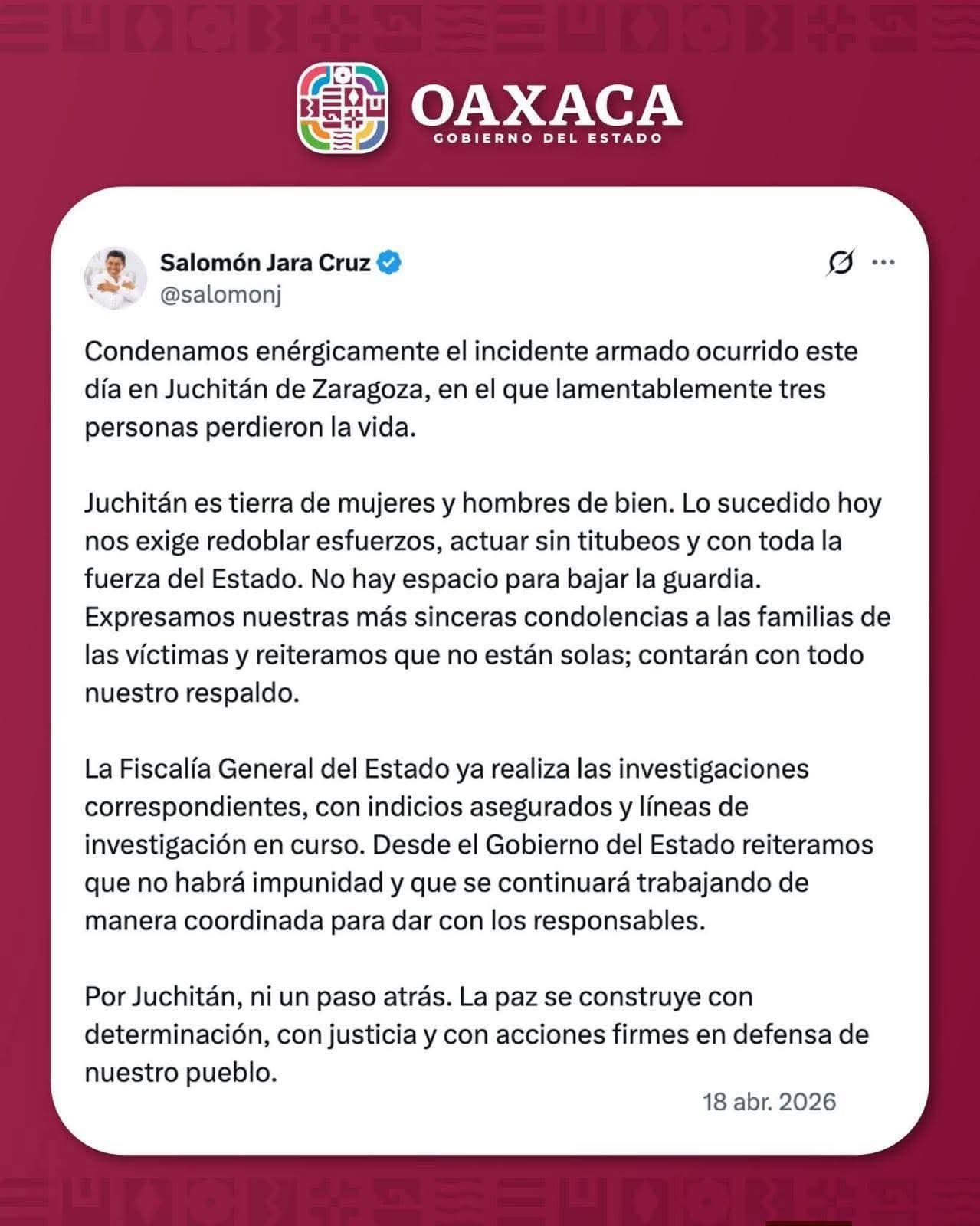 𝗝𝘂𝗰𝗵𝗶𝘁á𝗻 𝗯𝗮𝗷𝗼 𝗹𝗮 𝗺𝗶𝗿𝗮: 𝗴𝗼𝗯𝗲𝗿𝗻𝗮𝗱𝗼𝗿 𝗰𝗼𝗻𝗱𝗲𝗻𝗮 𝗹𝗮 𝘃𝗶𝗼𝗹𝗲𝗻𝗰𝗶𝗮 𝘁𝗿𝗮𝘀 𝘁𝗿𝗲𝘀 𝗺𝘂𝗲𝗿𝘁𝗲𝘀.