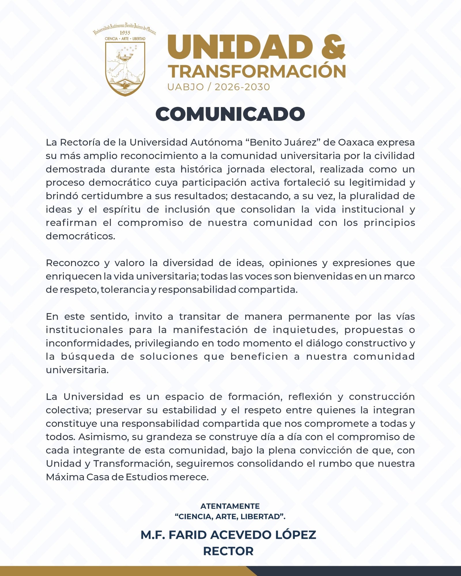 𝗨𝗔𝗕𝗝𝗢 𝗹𝗹𝗮𝗺𝗮 𝗮 𝗺𝗮𝗻𝘁𝗲𝗻𝗲𝗿 𝗲𝗹 𝗱𝗶𝗮́𝗹𝗼𝗴𝗼 𝘁𝗿𝗮𝘀 𝗹𝗮 𝗷𝗼𝗿𝗻𝗮𝗱𝗮 𝗲𝗹𝗲𝗰𝘁𝗼𝗿𝗮𝗹