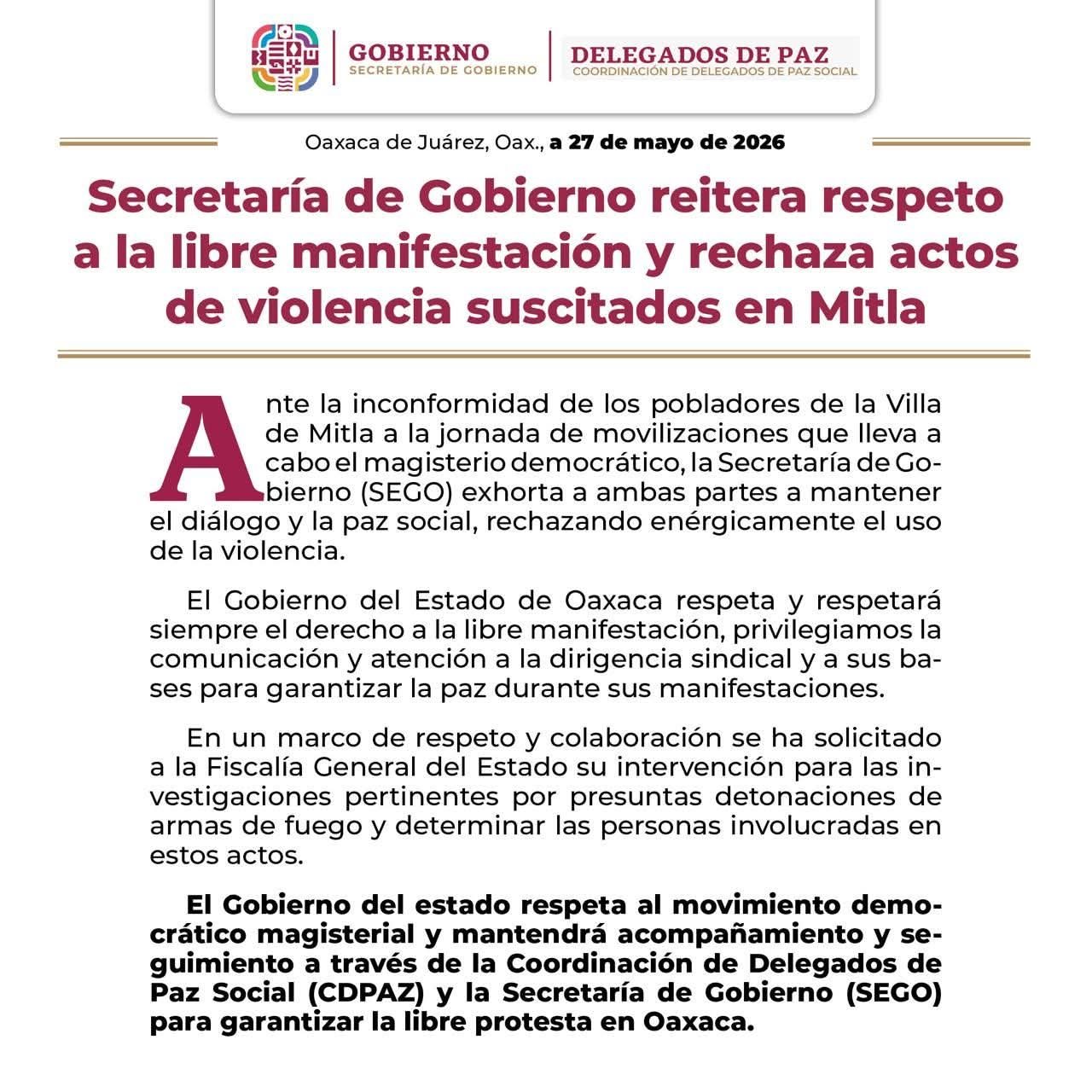 𝗦𝗘𝗚𝗢 𝗽𝗶𝗱𝗲 𝗱𝗶𝗮́𝗹𝗼𝗴𝗼 𝘁𝗿𝗮𝘀 𝘁𝗲𝗻𝘀𝗶𝗼́𝗻 𝗲𝗻 𝗠𝗶𝘁𝗹𝗮 𝘆 𝗰𝗼𝗻𝗱𝗲𝗻𝗮 𝗮𝗰𝘁𝗼𝘀 𝗱𝗲 𝘃𝗶𝗼𝗹𝗲𝗻𝗰𝗶𝗮