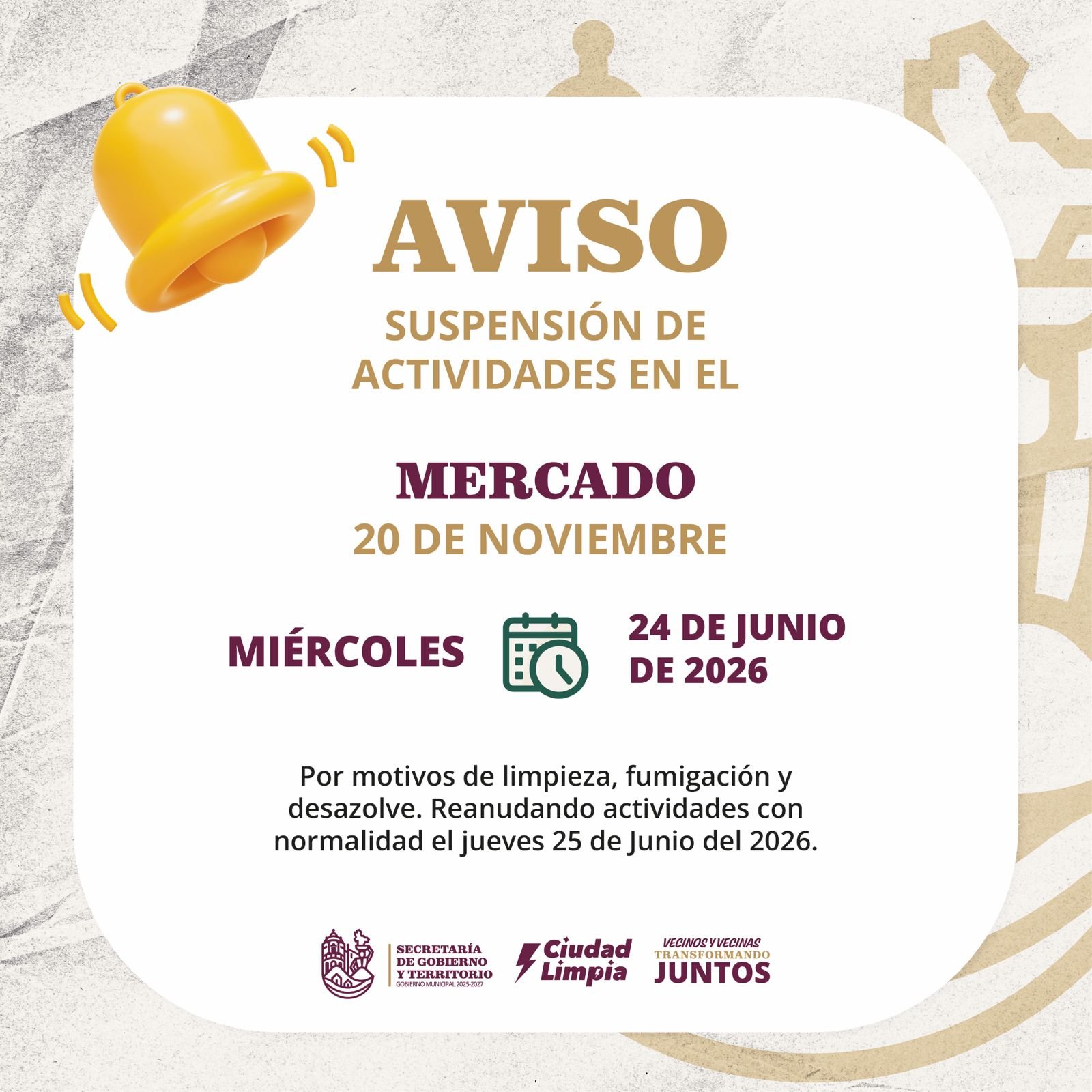 ¡𝗧𝗢𝗠𝗔 𝗣𝗥𝗘𝗖𝗔𝗨𝗖𝗜𝗢𝗡𝗘𝗦! 𝗦𝗨𝗦𝗣𝗘𝗡𝗗𝗘𝗥Á𝗡 𝗔𝗖𝗧𝗜𝗩𝗜𝗗𝗔𝗗𝗘𝗦 𝗘𝗡 𝗘𝗟 𝗠𝗘𝗥𝗖𝗔𝗗𝗢 𝟮𝟬 𝗗𝗘 𝗡𝗢𝗩𝗜𝗘𝗠𝗕𝗥𝗘 𝗣𝗢𝗥 𝗝𝗢𝗥𝗡𝗔𝗗𝗔 𝗗𝗘 𝗟𝗜𝗠𝗣𝗜𝗘𝗭𝗔 𝗬 𝗙𝗨𝗠𝗜𝗚𝗔𝗖𝗜Ó𝗡!