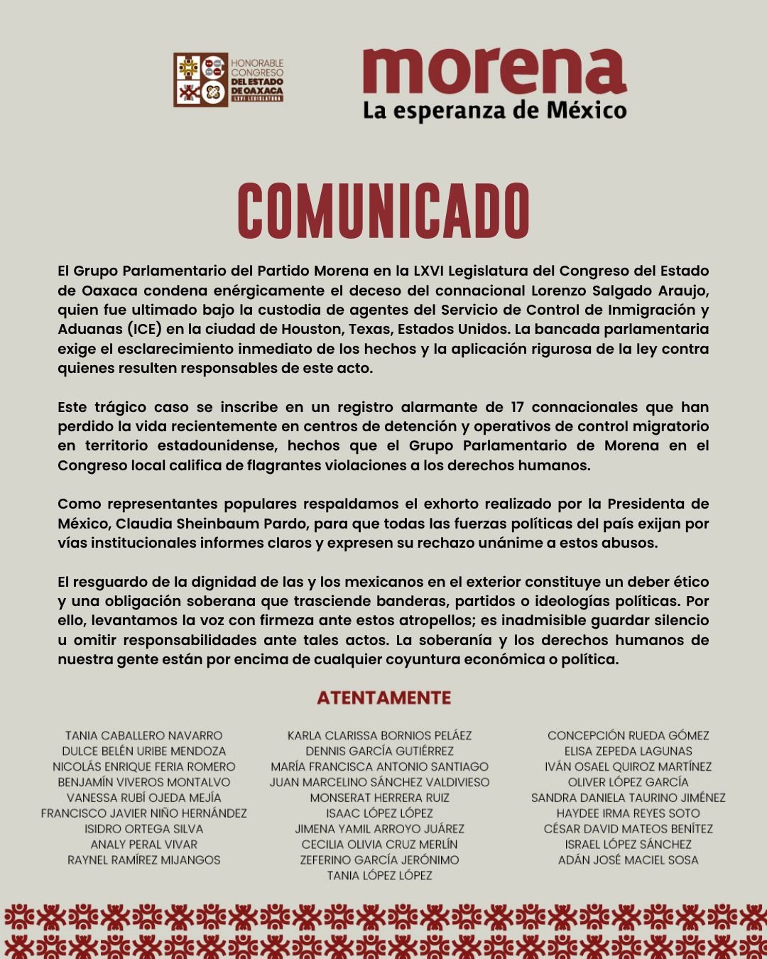 𝗠𝗼𝗿𝗲𝗻𝗮 𝗢𝗮𝘅𝗮𝗰𝗮 𝗰𝗼𝗻𝗱𝗲𝗻𝗮 𝗹𝗮 𝗺𝘂𝗲𝗿𝘁𝗲 𝗱𝗲 𝗺𝗶𝗴𝗿𝗮𝗻𝘁𝗲 𝗼𝗮𝘅𝗮𝗾𝘂𝗲ñ𝗼 𝗯𝗮𝗷𝗼 𝗰𝘂𝘀𝘁𝗼𝗱𝗶𝗮 𝗱𝗲𝗹 𝗜𝗖𝗘
