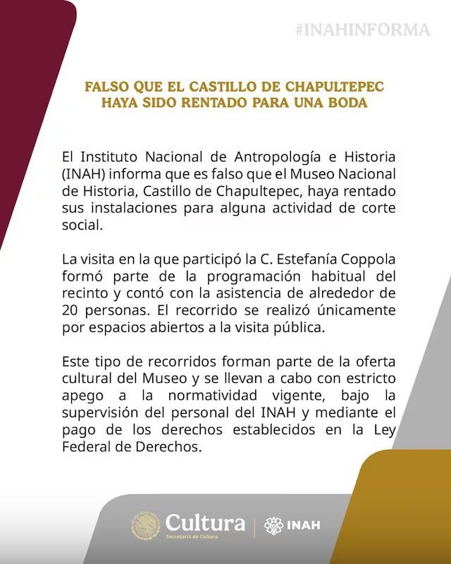 INAH desmiente que Castillo de Chapultepec fuera rentado para boda de una influencer
