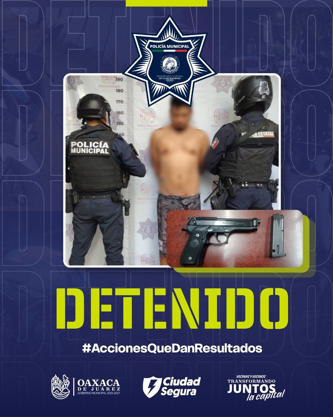 𝗗𝗲𝘁𝗶𝗲𝗻𝗲𝗻 𝗮 𝘂𝗻 𝗵𝗼𝗺𝗯𝗿𝗲 𝗽𝗼𝗿 𝗽𝗿𝗲𝘀𝘂𝗻𝘁𝗮 𝗽𝗼𝗿𝘁𝗮𝗰𝗶ó𝗻 𝗱𝗲 𝗮𝗿𝗺𝗮 𝗱𝗲 𝗳𝘂𝗲𝗴𝗼 𝗲𝗻 𝗢𝗮𝘅𝗮𝗰𝗮 𝗱𝗲 𝗝𝘂á𝗿𝗲𝘇