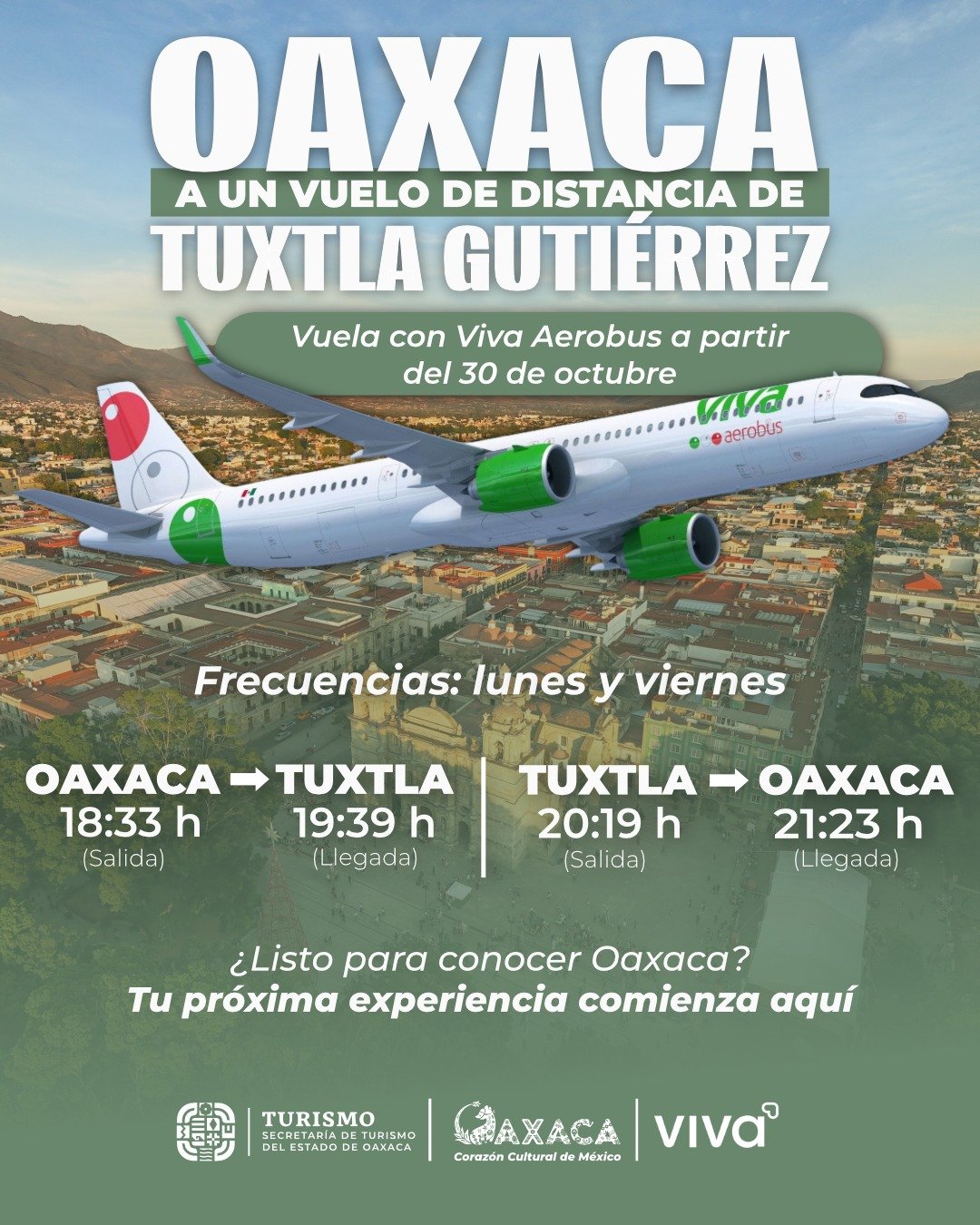 Oaxaca tendrá nueva ruta aérea directa a Tuxtla Gutiérrez a partir del 30 de octubre