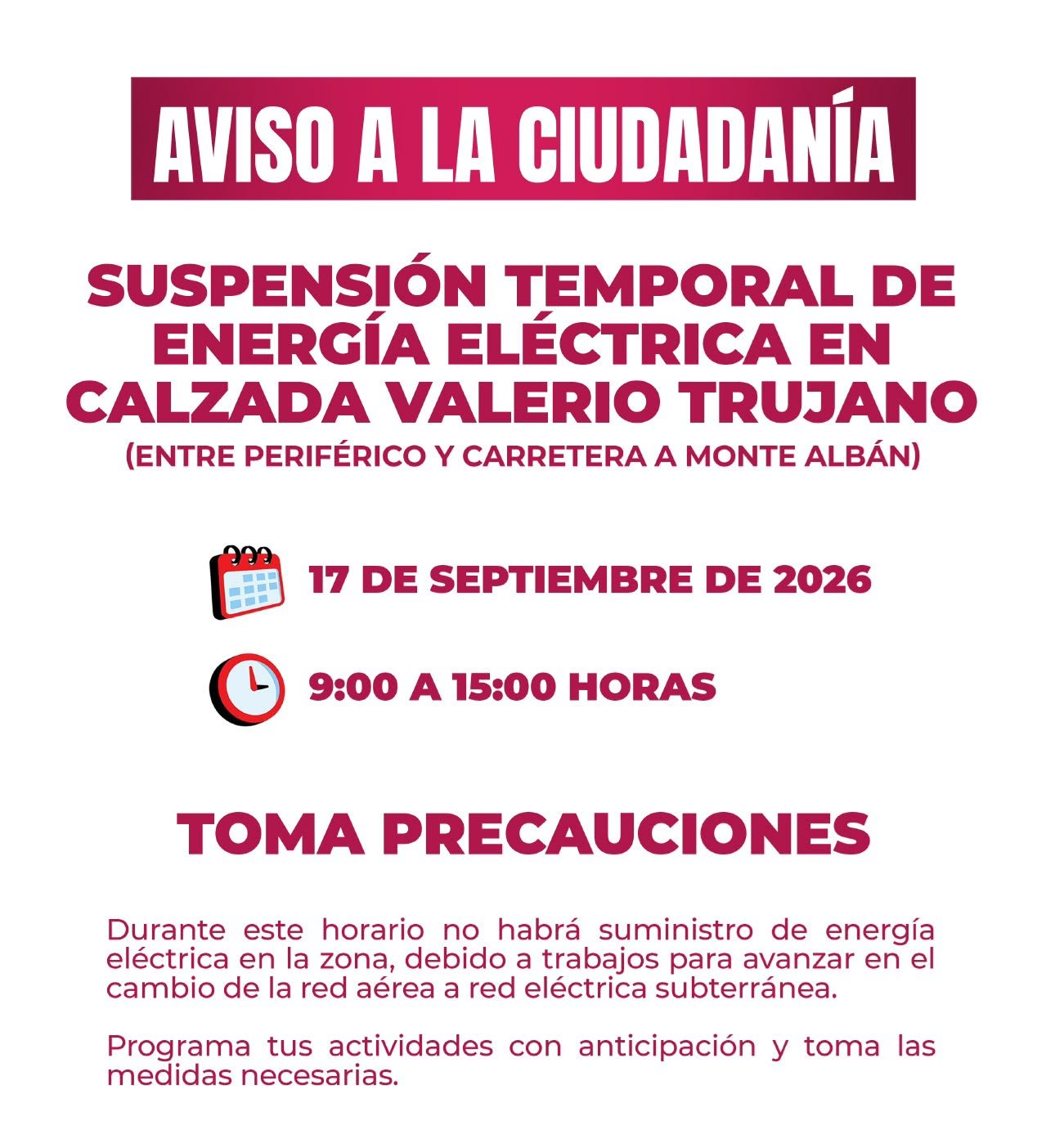 Suspenderán seis horas el servicio eléctrico en zona de Valerio Trujano