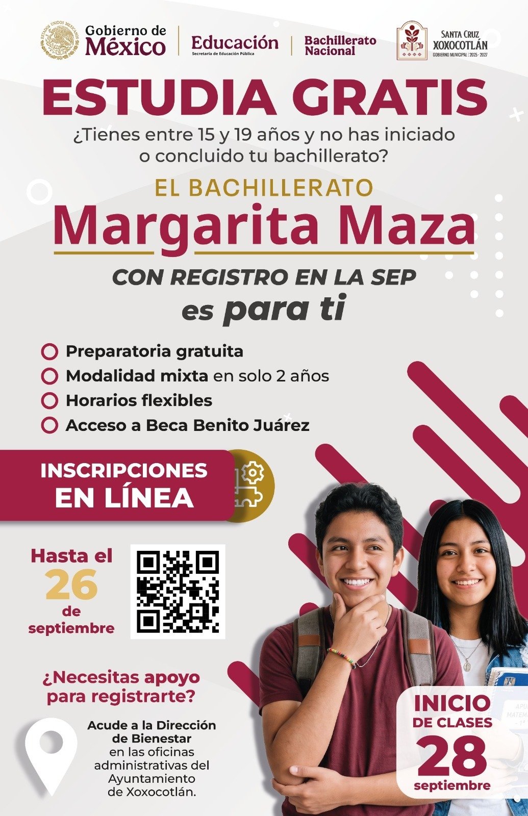 Inscripciones al Bachillerato Margarita Maza en Xoxocotlán estarán abiertas hasta el 26 de septiembre