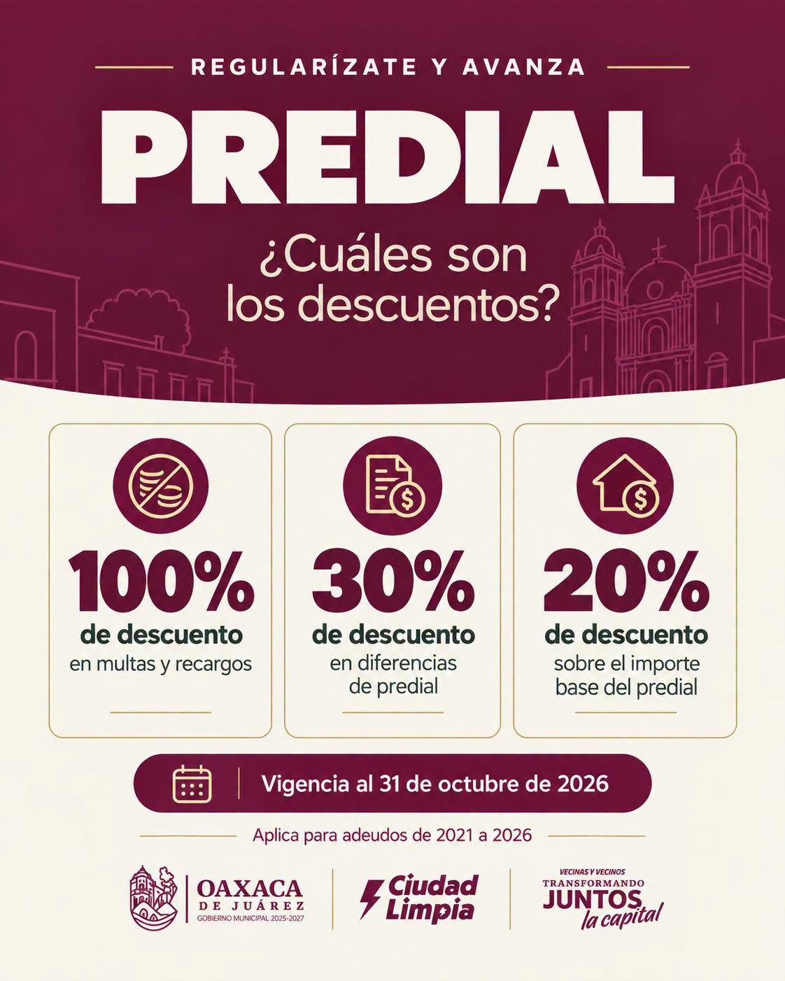 Oaxaca de Juárez ofrece descuentos de hasta 100% para regularizar el predial