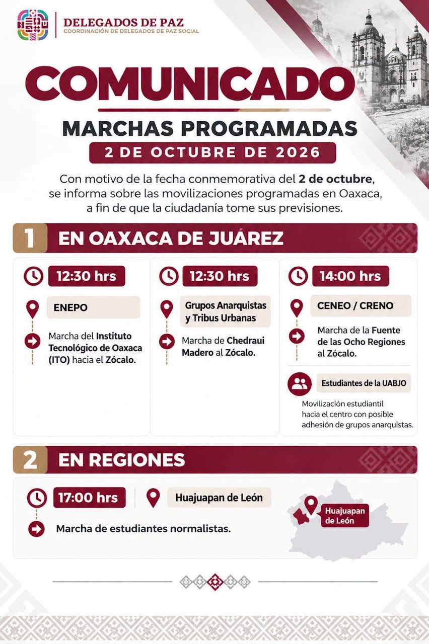 Dos marchas recorrerán este viernes la capital de Oaxaca por el 2 de octubre